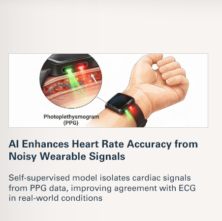 AI Enhances Heart Rate Accuracy from Noisy Wearable Signals  Self-supervised model isolates cardiac signals from PPG data, improving agreement with ECG in real-world conditions  READ MORE 
